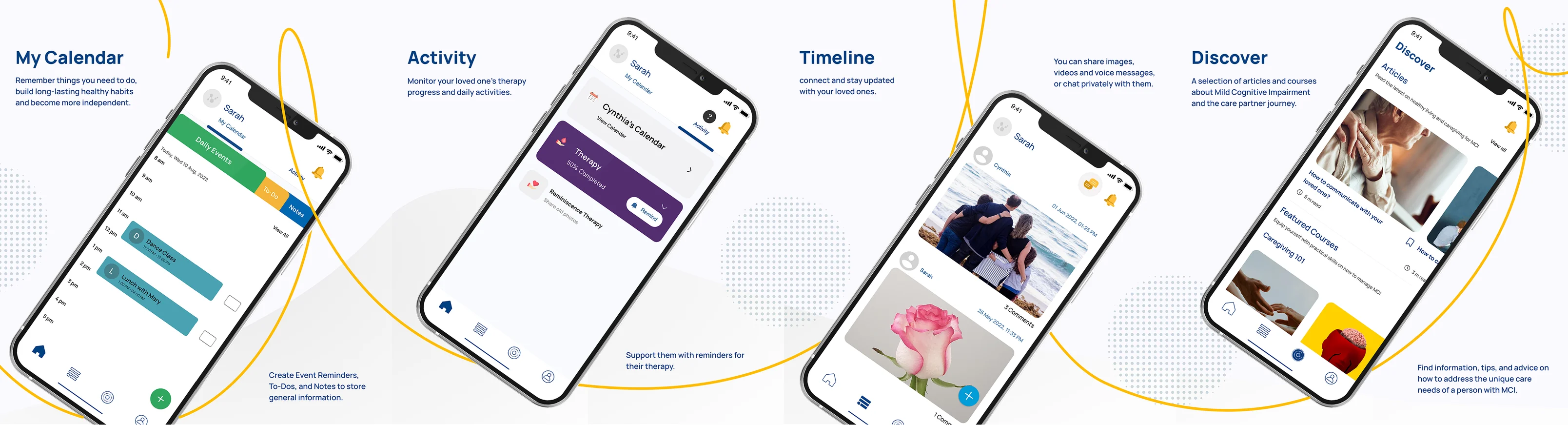 Caregiver app calendar, activity, timeline and discover screens