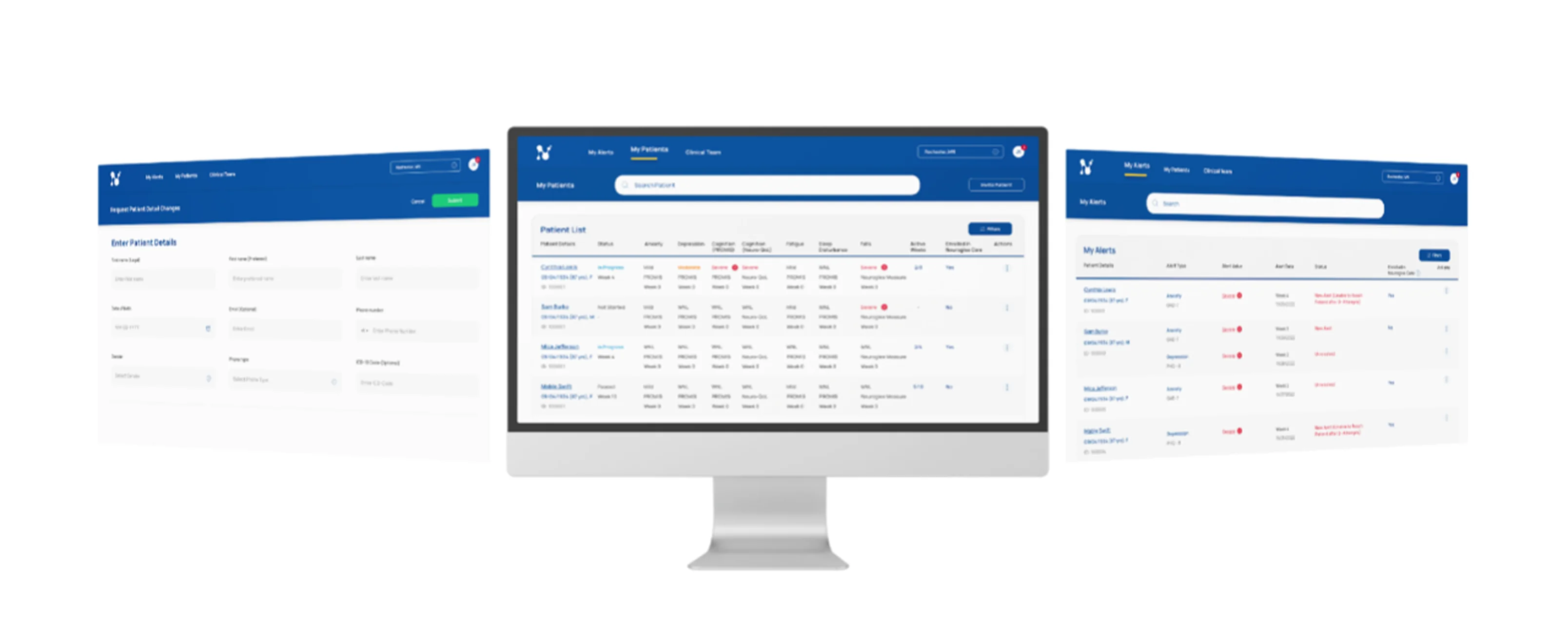 Clinician dashboard patient list and alerts screens