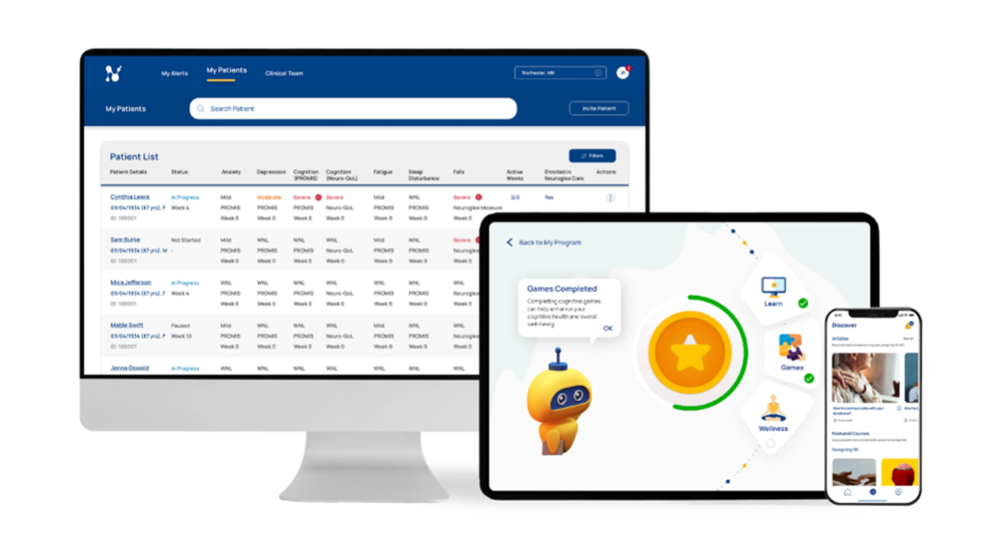 Neuroglee clinician dashboard, patient tablet app and caregiver mobile app
