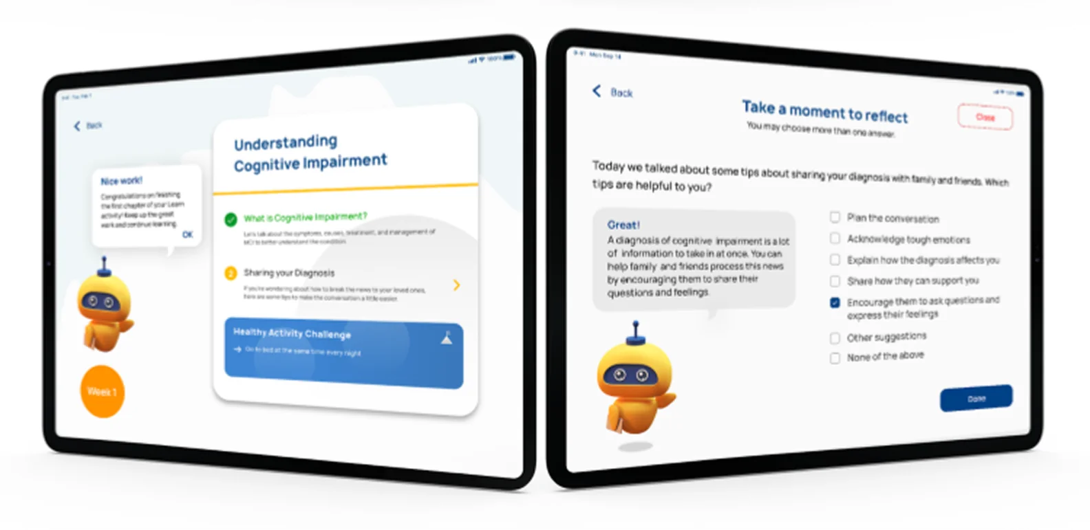 Patient app cognitive impairment education and reflection exercises