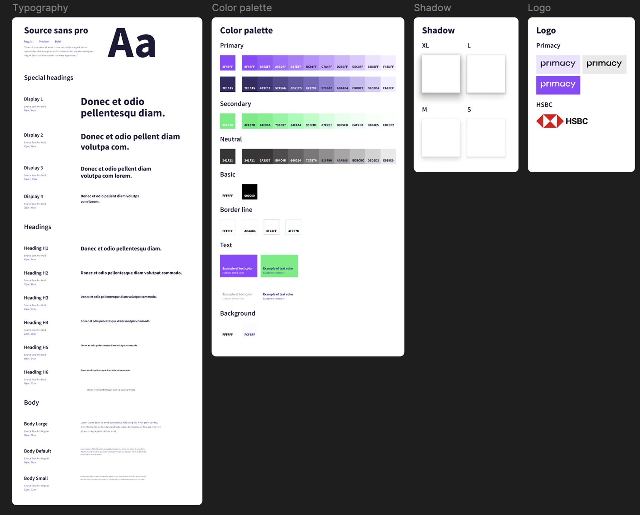Primacy design system: typography, colour palette, shadows and logo