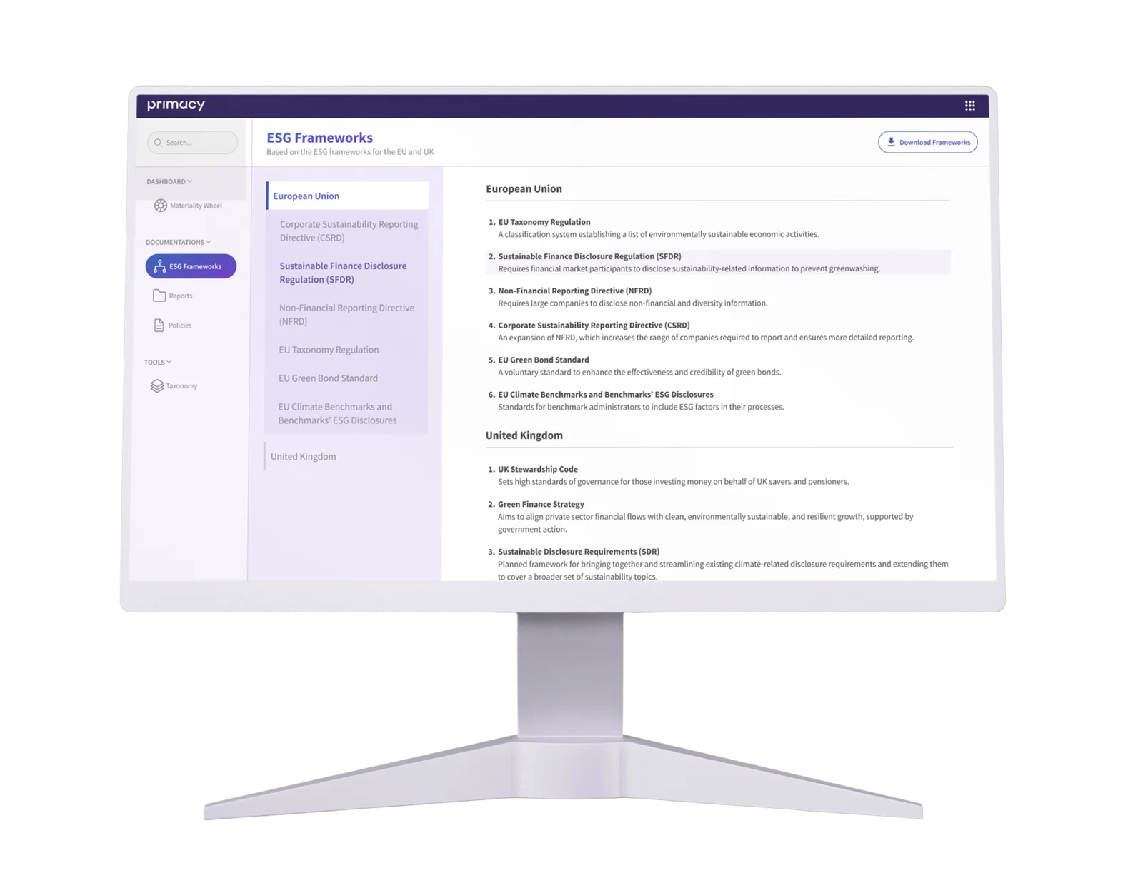 ESG Frameworks reference screen
