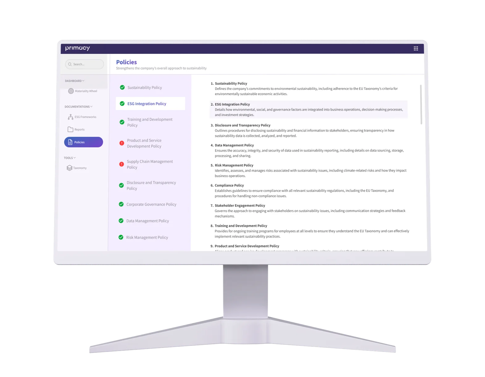 Policies tracking screen